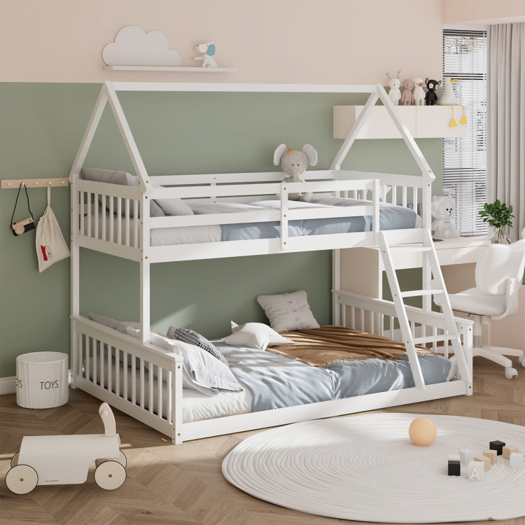 Twin Over Full House Bunk Bed with Ladder and Guardrails view 2