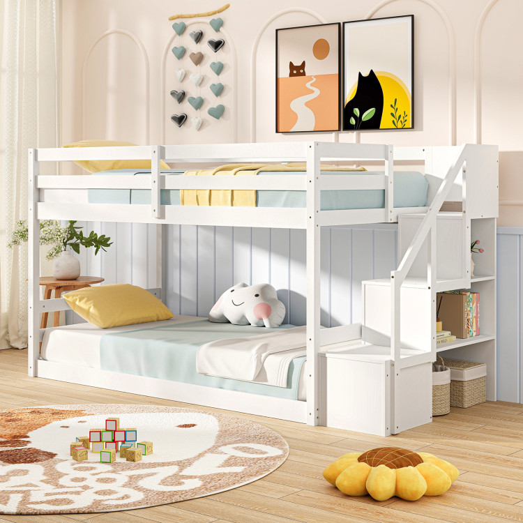Twin Over Twin Low Bunk Bed with Storage Stairs Solid Wood Floor Bunk Bed Frame view 2