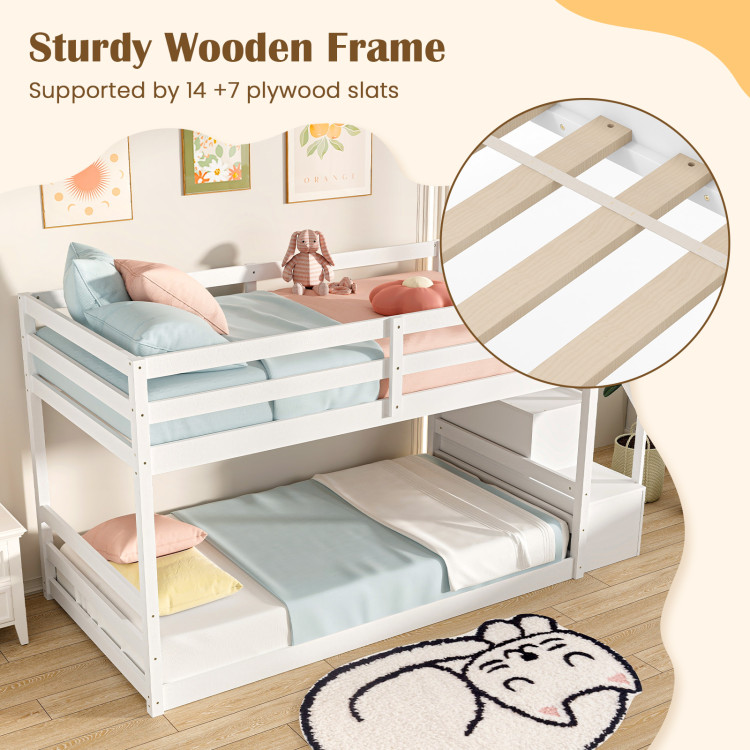 Twin Over Twin Low Bunk Bed with Storage Stairs Solid Wood Floor Bunk Bed Frame - Image 10