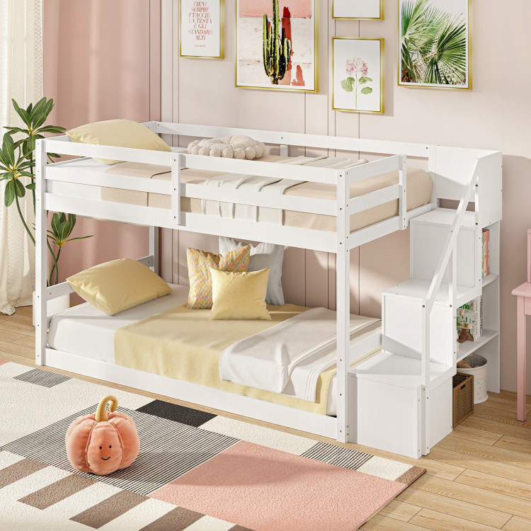 Twin Over Twin Low Bunk Bed with Storage Stairs Solid Wood Floor Bunk Bed Frame view 3