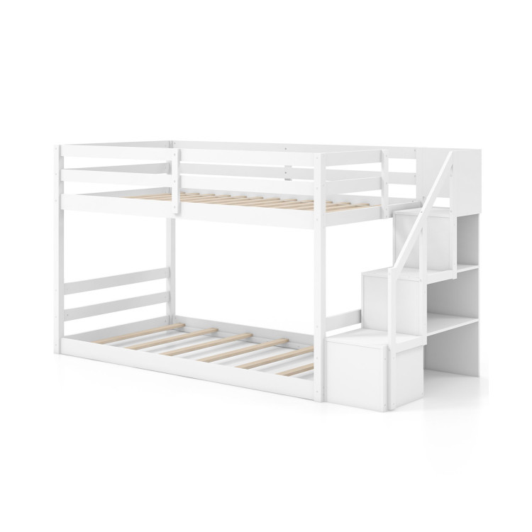 Twin Over Twin Low Bunk Bed with Storage Stairs Solid Wood Floor Bunk Bed Frame view 1