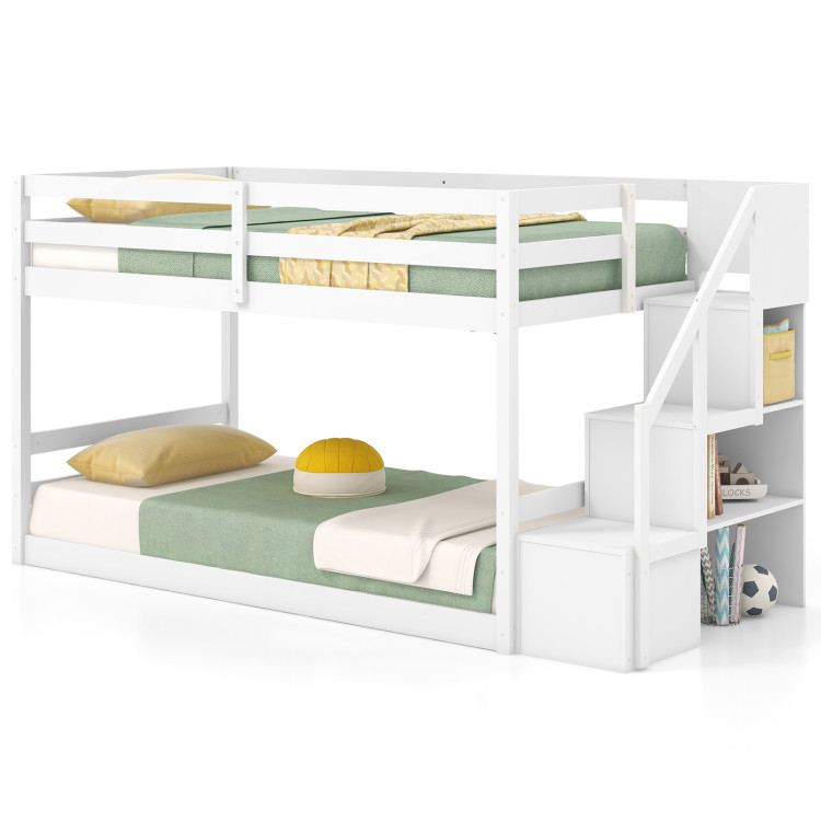 Twin Over Twin Low Bunk Bed with Storage Stairs Solid Wood Floor Bunk Bed Frame view 4