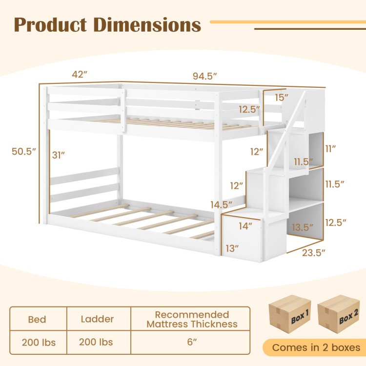 Twin Over Twin Low Bunk Bed with Storage Stairs Solid Wood Floor Bunk Bed Frame view 5
