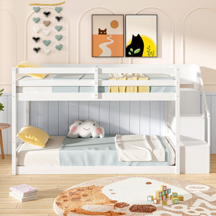 Twin Over Twin Low Bunk Bed with Storage Stairs Solid Wood Floor Bunk Bed Frame view 6