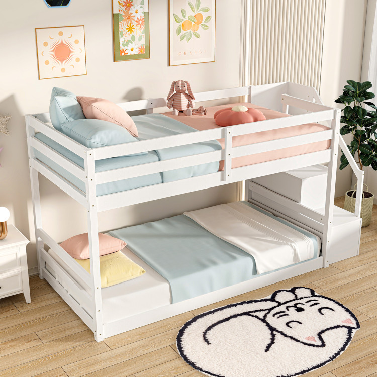 Twin Over Twin Low Bunk Bed with Storage Stairs Solid Wood Floor Bunk Bed Frame view 7