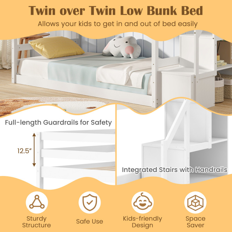 Twin Over Twin Low Bunk Bed with Storage Stairs Solid Wood Floor Bunk Bed Frame view 8