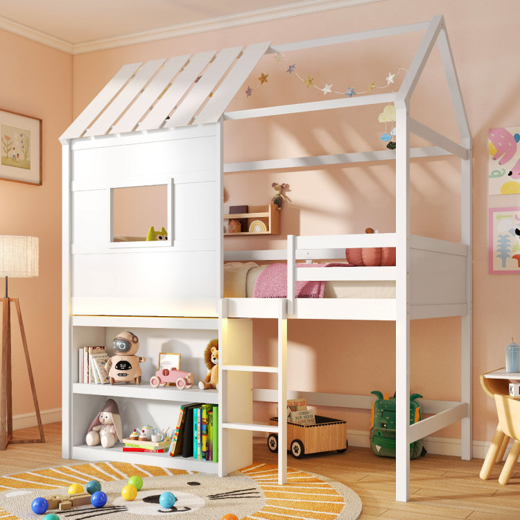 Twin Size Loft Bed with LED Lights, Roof, Window and Storage Bookshelf view 2