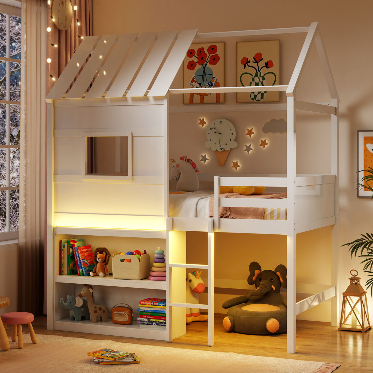 Twin Size Loft Bed with LED Lights, Roof, Window and Storage Bookshelf view 3