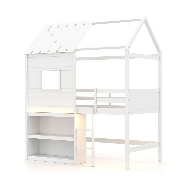 Twin Size Loft Bed with LED Lights, Roof, Window and Storage Bookshelf view 1