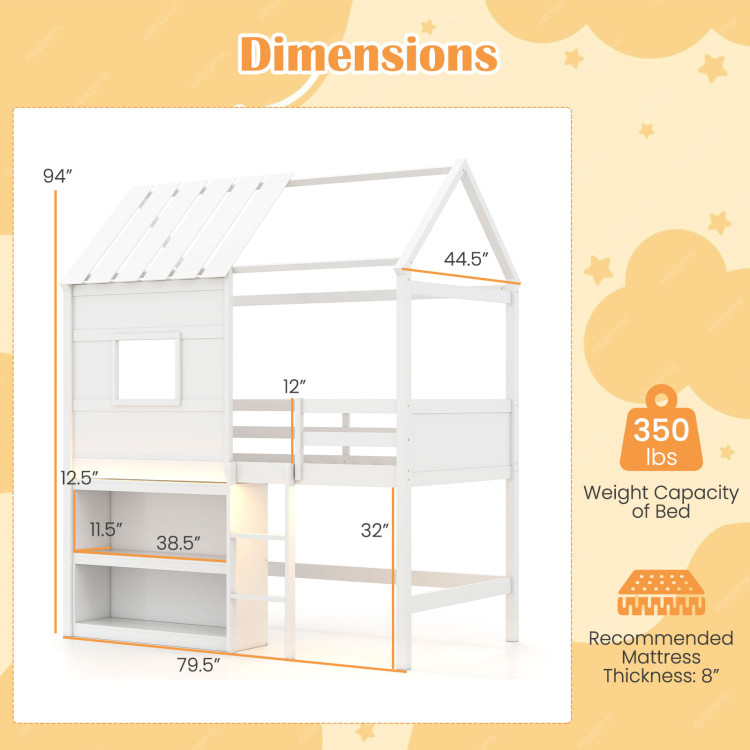 Twin Size Loft Bed with LED Lights, Roof, Window and Storage Bookshelf view 4