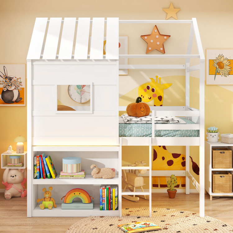Twin Size Loft Bed with LED Lights, Roof, Window and Storage Bookshelf view 5