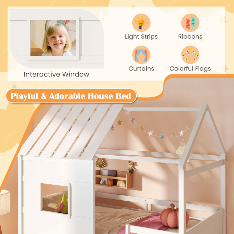 Twin Size Loft Bed with LED Lights, Roof, Window and Storage Bookshelf view 6