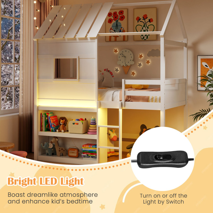 Twin Size Loft Bed with LED Lights, Roof, Window and Storage Bookshelf view 7