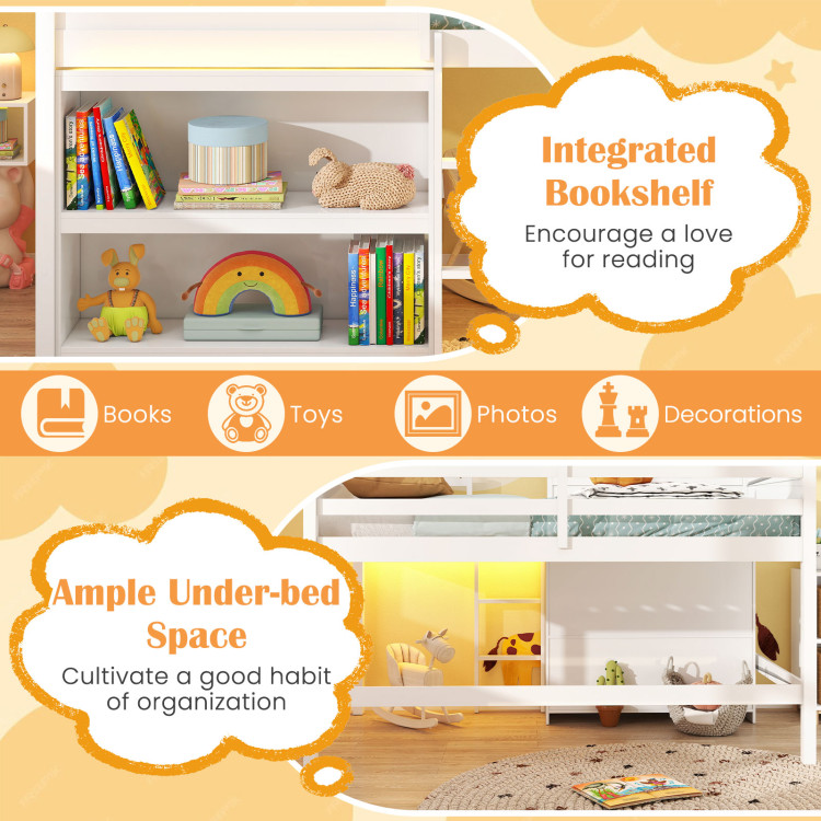 Twin Size Loft Bed with LED Lights, Roof, Window and Storage Bookshelf view 8