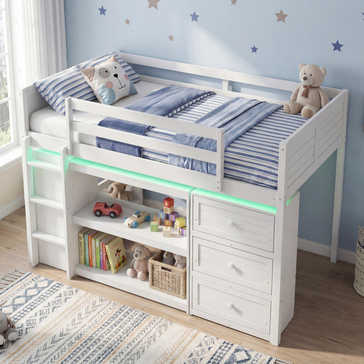 Twin Size Loft Bed with LED Lights and Underbed Space for Kids view 2