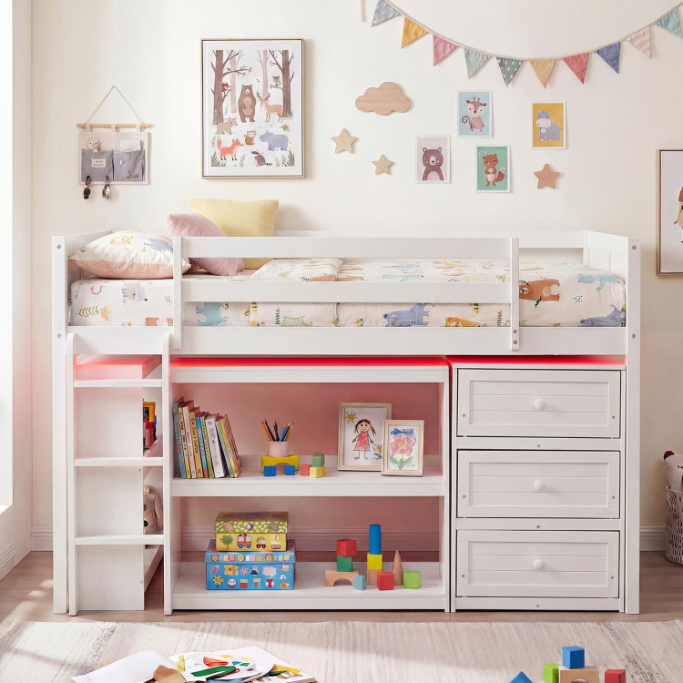 Twin Size Loft Bed with LED Lights and Underbed Space for Kids view 3