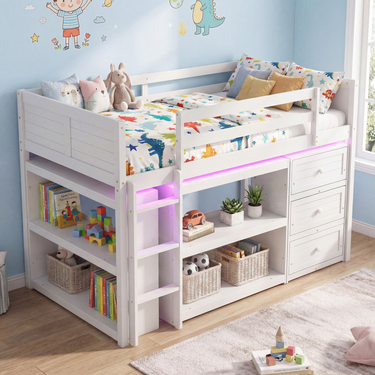 Twin Size Loft Bed with LED Lights and Underbed Space for Kids view 5