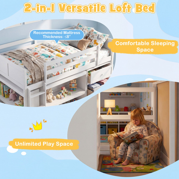 Twin Size Loft Bed with LED Lights and Underbed Space for Kids view 7