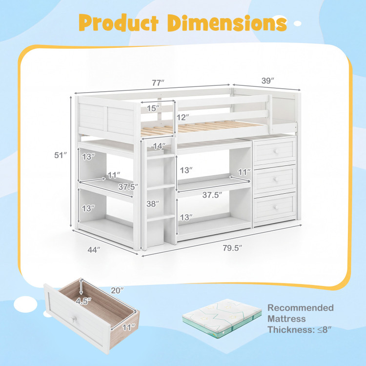 Twin Size Loft Bed with LED Lights and Underbed Space for Kids view 4