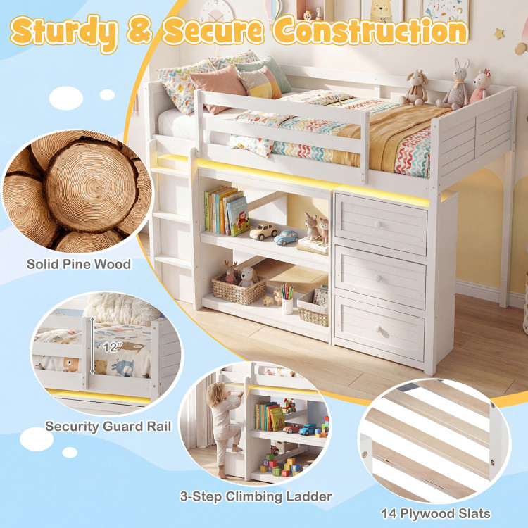 Twin Size Loft Bed with LED Lights and Underbed Space for Kids - Image 10