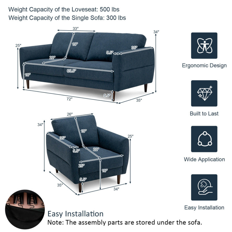 2 Pieces Modern Upholstered Sofa Set with Removable Cushion Covers view 4