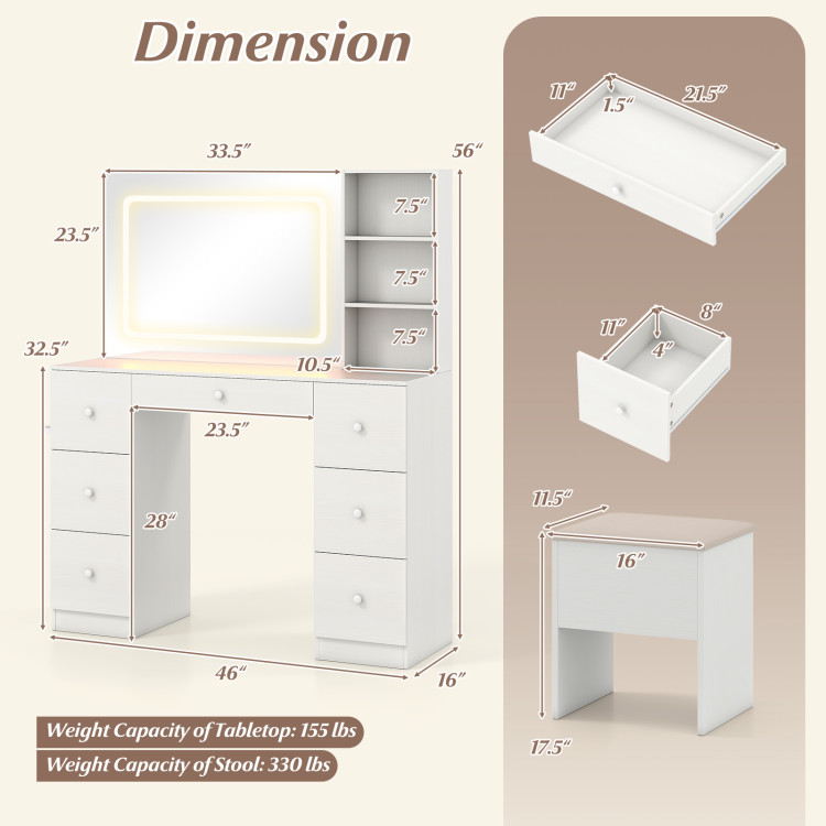 Vanity Desk with Mirror and Lights Makeup Dressing Table Vanity Table and Stool Set view 4