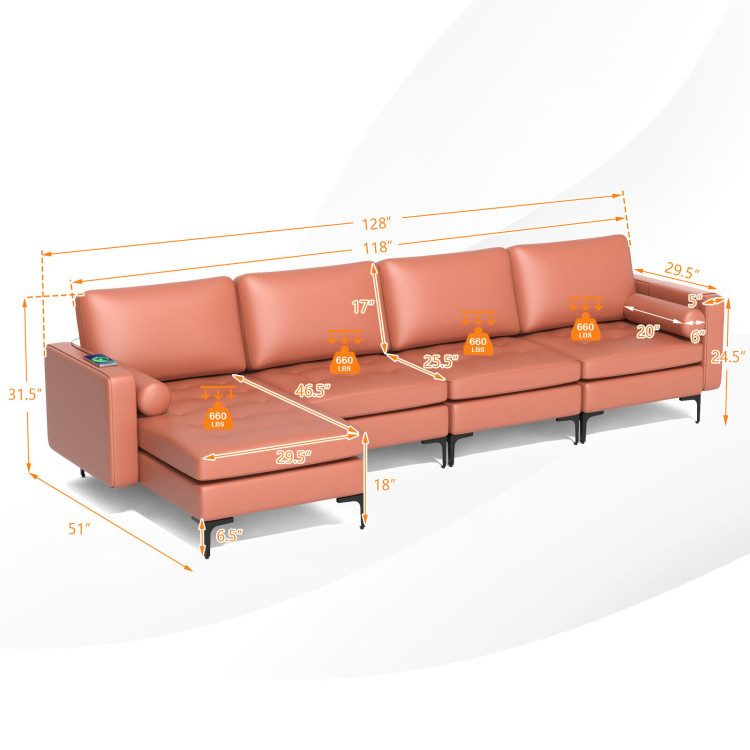 Modular L-shaped 4-Seat Sectional Sofa with Reversible Chaise and 2 USB Socket view 5