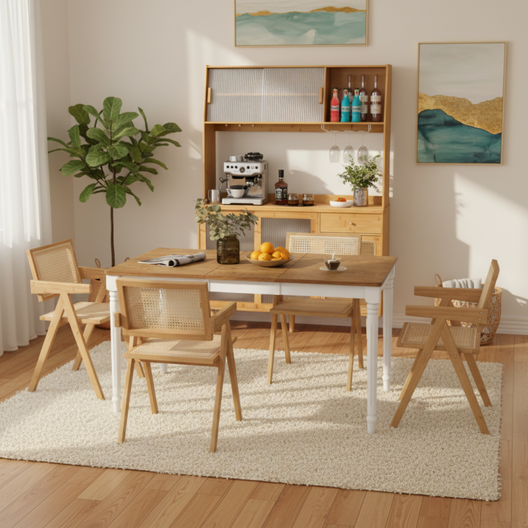 Kitchen Dining Set with Extendable Table, 2 Rattan Accent Chairs and Kitchen Cabinet view 4