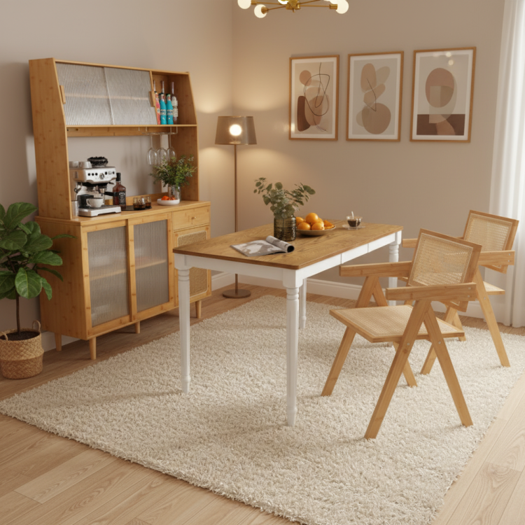 Kitchen Dining Set with Extendable Table, 2 Rattan Accent Chairs and Kitchen Cabinet view 3