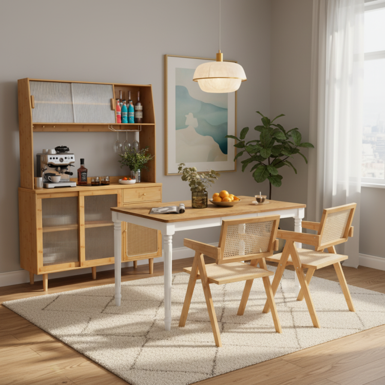 Kitchen Dining Set with Extendable Table, 2 Rattan Accent Chairs and Kitchen Cabinet view 2