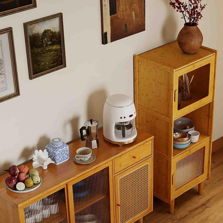 3-Piece Modern Dining Room Set: Wooden Dining Chairs + Bamboo Sideboard Cabinet + Tall Storage view 3