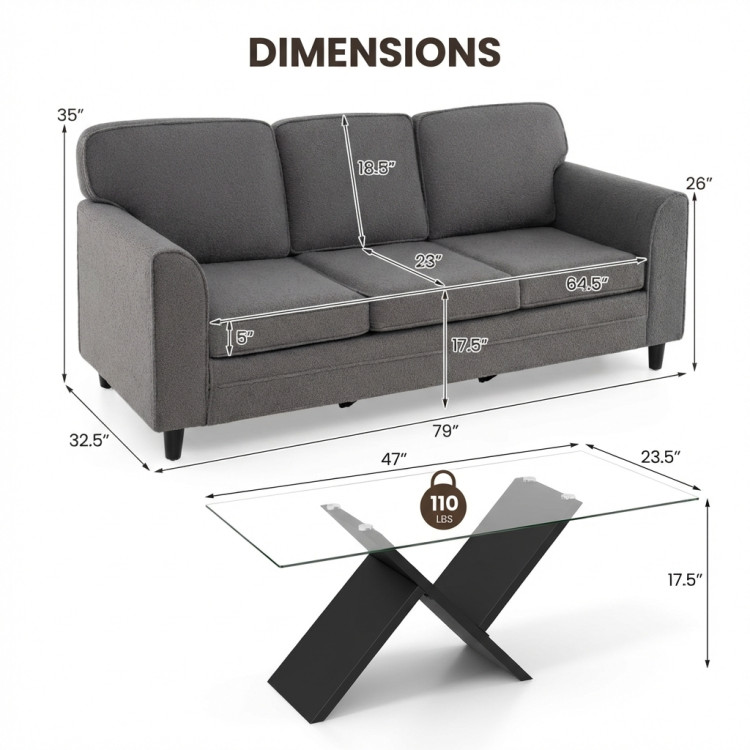 Contemporary Living Room Furniture Suite: Modern 3-Seat Teddy Velvet Sofa + 47-Inch Glass view 4