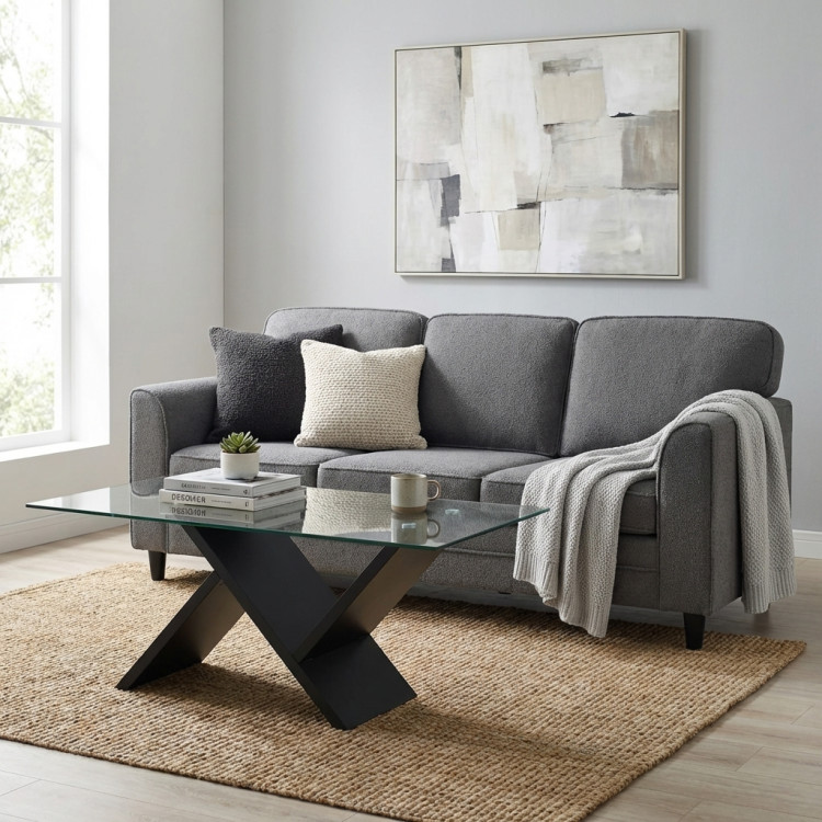 Contemporary Living Room Furniture Suite: Modern 3-Seat Teddy Velvet Sofa + 47-Inch Glass view 2